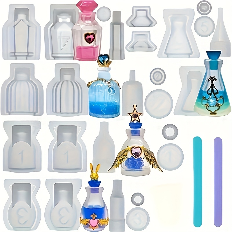 Resin Kit Cast - ชุดแม่พิมพ์ซิลิโคนเรซินรูปขวดน้ำหอม 5 ชิ้น ซึ่งสามารถใช้สำหรับชุดหล่อเรซิน ของตกแต่งบ้าน เครื่องประดับต่างหูและของประดับตกแต่ง