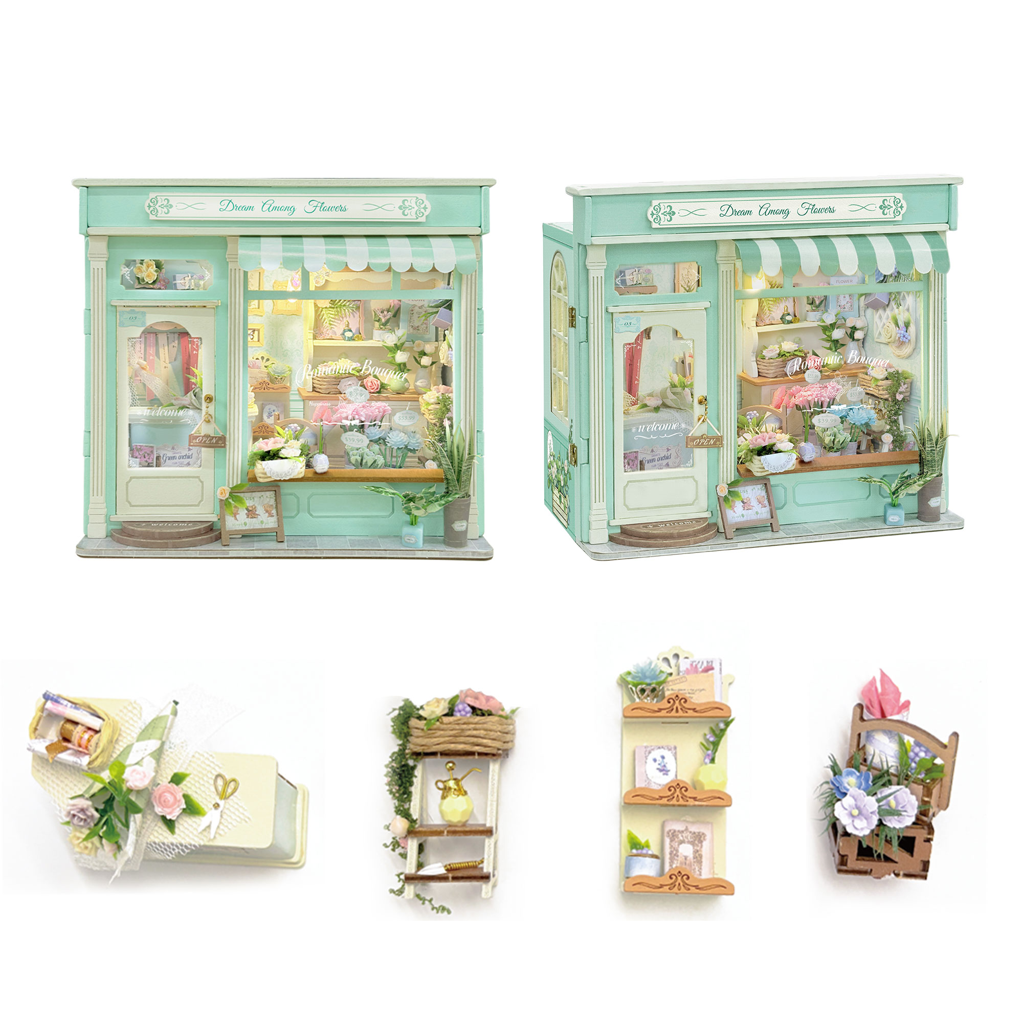 Model Kit Glue - DIY 3D ร้านดอกไม้ไม้ 3 มิติ ชุดตัวต่อจิ๊กซอว์แบบจำลองขนาดเล็กพร้อมไฟสำหรับเพื่อนสาวของขวัญวันเกิด